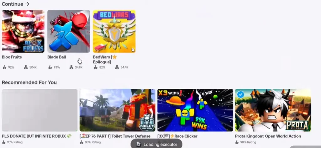 Launch Roblox through Delta executor with the Roblox home screen loading.