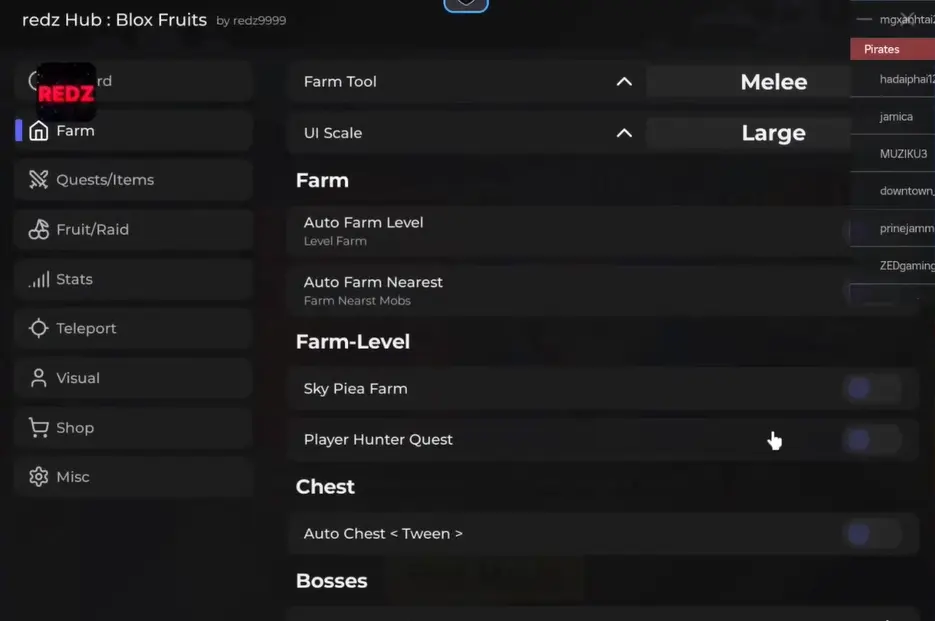 Redz Hub Blox Fruits interface screenshot after successful execution on a dark background with red accents, showing farm settings and menu options.