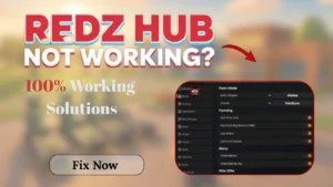 Redz Hub not working message with one hundred percent working solution text, fix now button, and working settings screenshot.