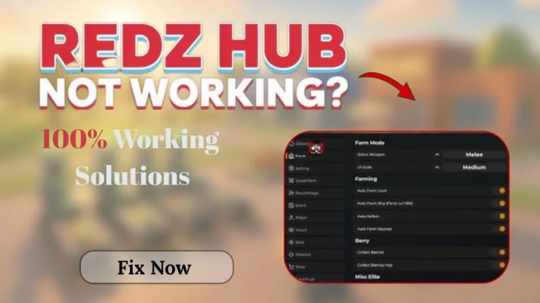 Redz Hub not working message with one hundred percent working solution text, fix now button, and working settings screenshot.