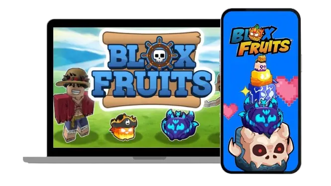 Redz Hub Blox Fruit Script - No Key 1 Laptop displays the Blox Fruits logo and Monkey D. Luffy character, and smartphone shows Devil Fruit items with a pirate hat character.