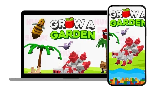 Grow a Garden Script No Key - Updated Scripts 1 Laptop and smartphone displaying Grow a Garden game with blocky animals, plants, and colorful garden graphics.