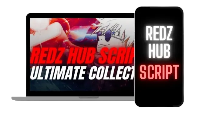 Redz Hub Script shown on a laptop and smartphone with the text “REDZ HUB SCRIPT” and “ULTIMATE COLLECTION” in red and white colors.
